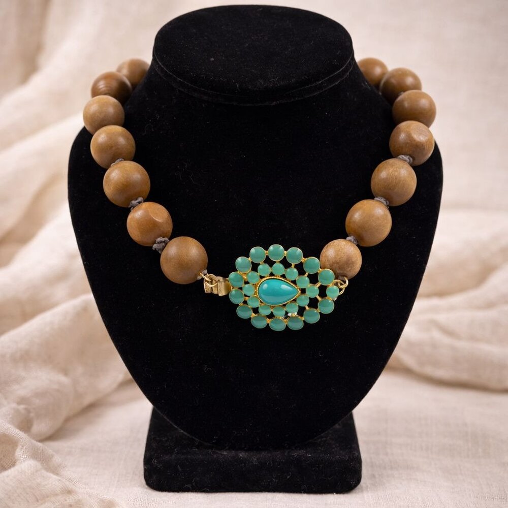 Vintage Wooden‎ Bead Necklace With Turquoise & Gold Toned Medallion Pendant